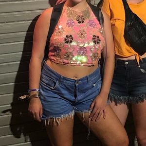 Pink beaded floral halter top worn once